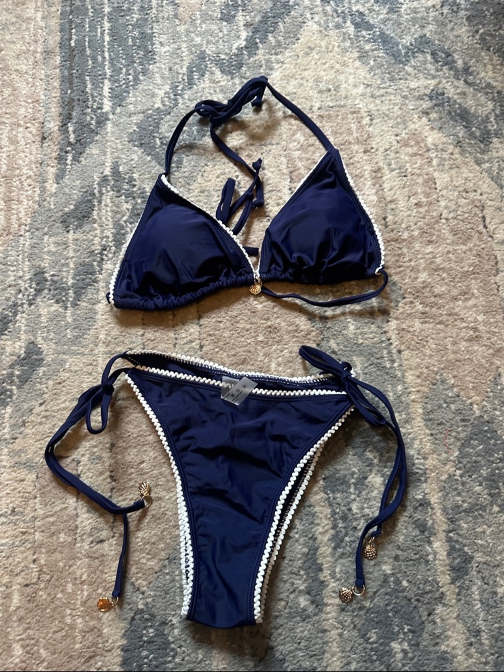 SHEIN Navy Blue and White Trim Triangle Tie-Side Bikini